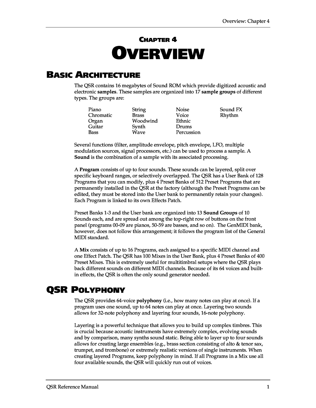 Alesis QSR 64 manual Overview, Basic Architecture, Qsr Polyphony, Chapter 
