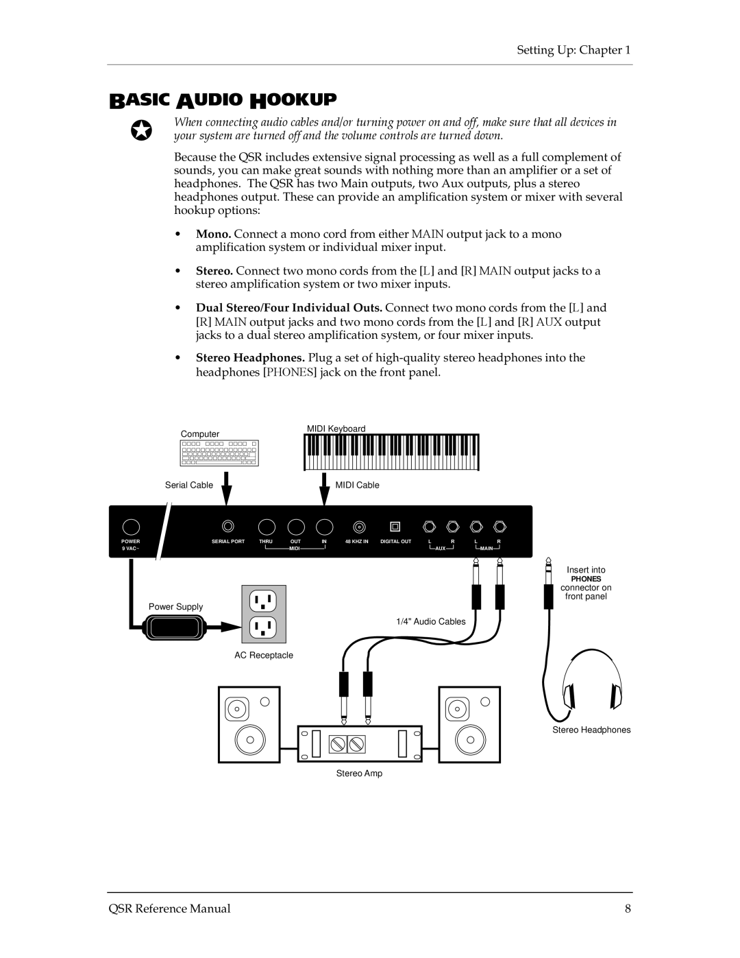 Alesis QSR 64 manual Basic Audio Hookup, Phones 
