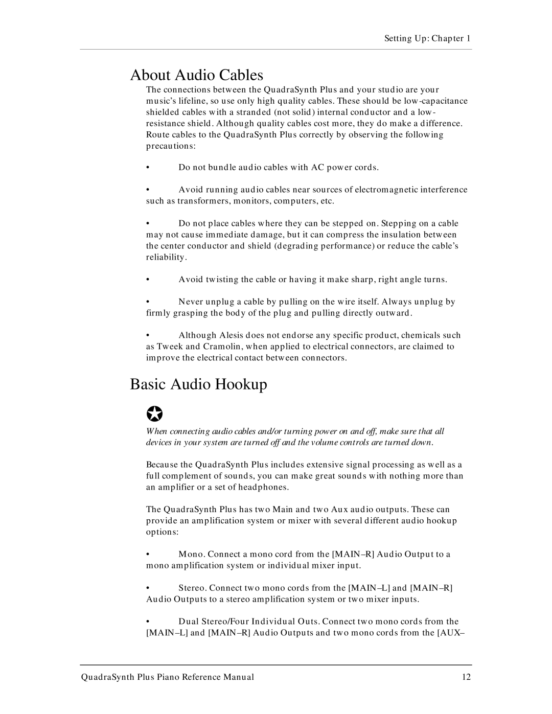 Alesis QuadraSynth Plus manual About Audio Cables, Basic Audio Hookup 