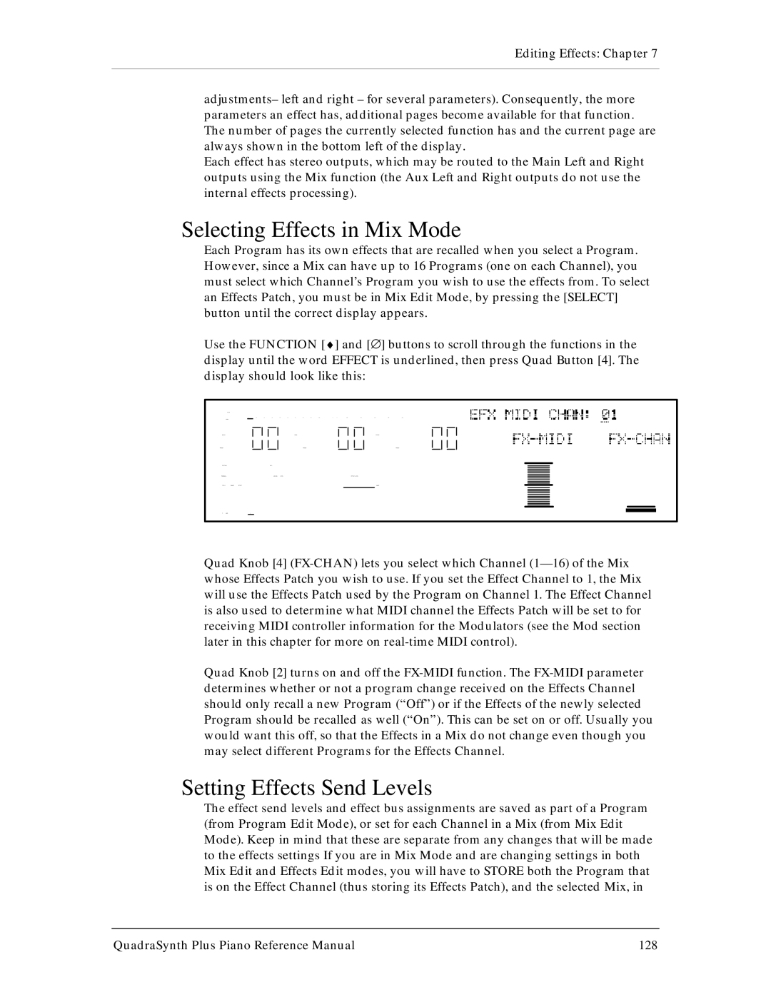 Alesis QuadraSynth Plus manual Selecting Effects in Mix Mode, Setting Effects Send Levels 