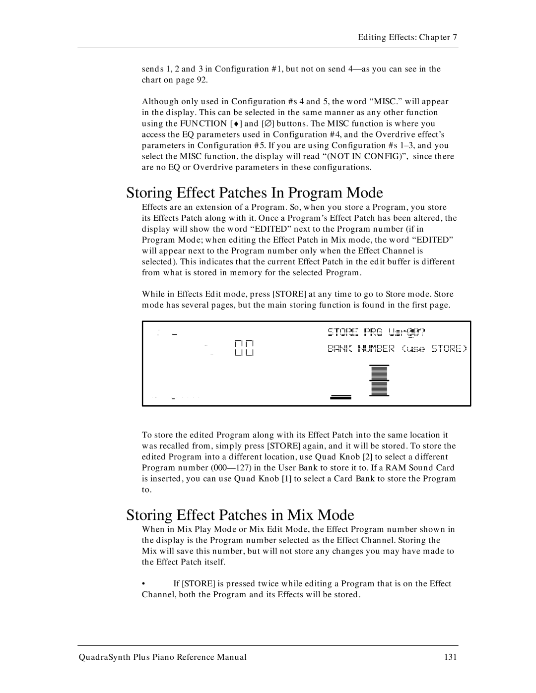 Alesis QuadraSynth Plus manual Storing Effect Patches In Program Mode, Storing Effect Patches in Mix Mode 