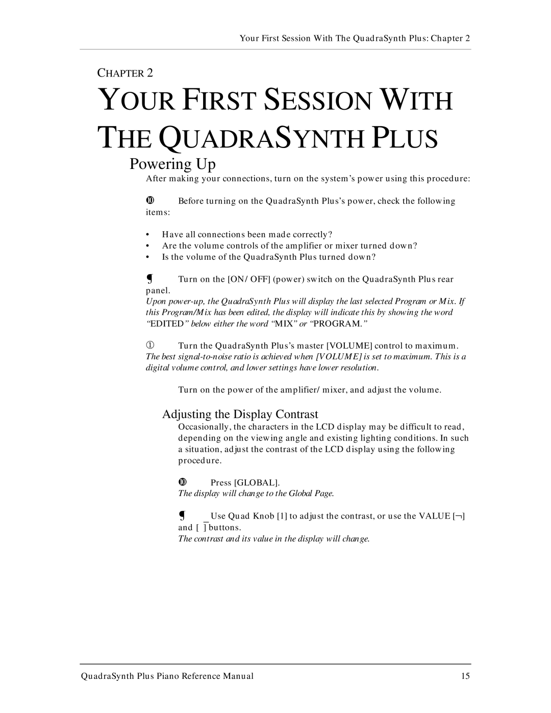 Alesis QuadraSynth Plus manual Your First Session with the Quadrasynth Plus, Powering Up, Adjusting the Display Contrast 