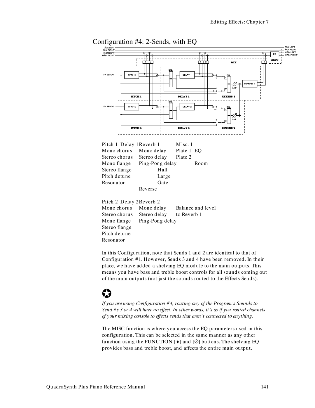 Alesis QuadraSynth Plus manual Configuration #4 2-Sends, with EQ, Pitch 1 Delay 1Reverb Misc 