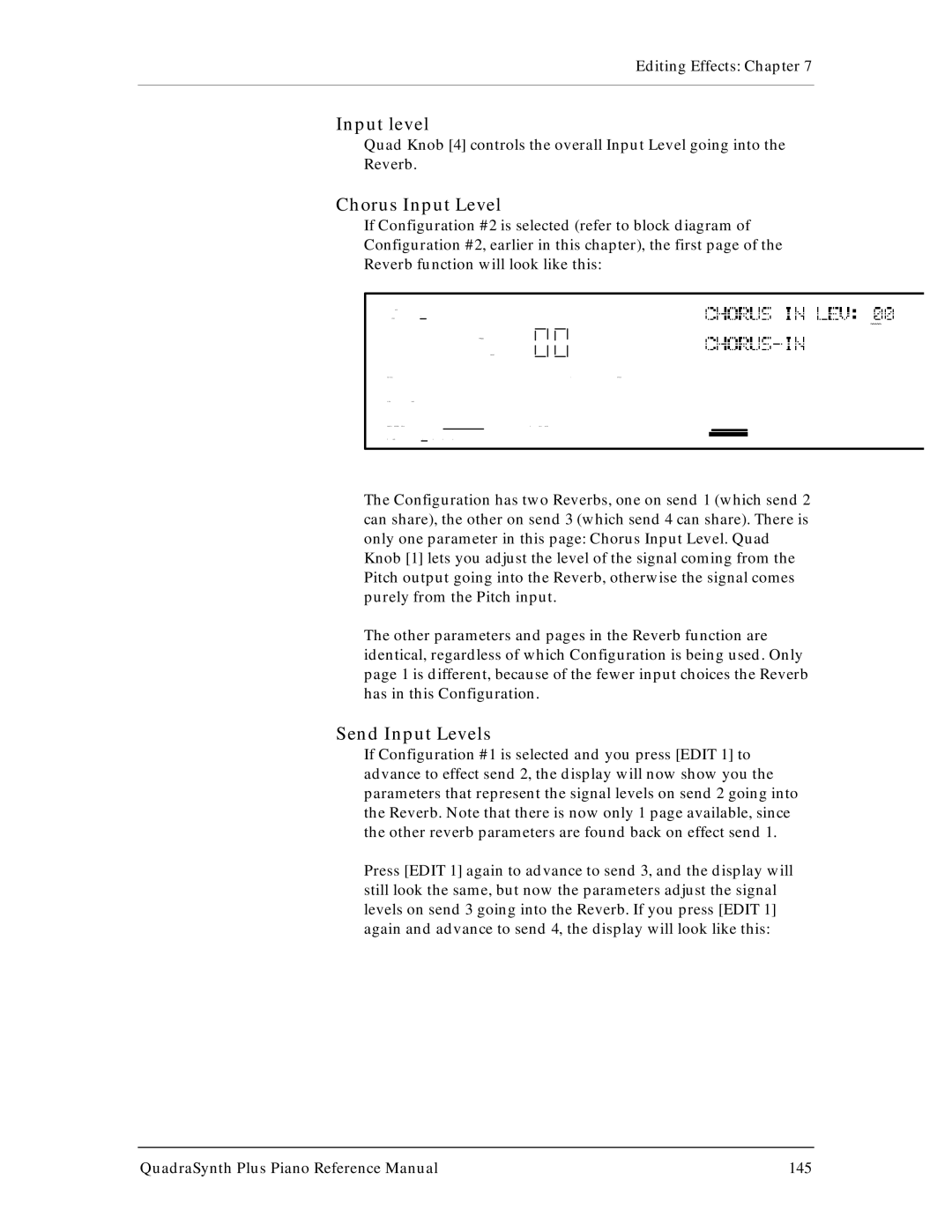 Alesis QuadraSynth Plus manual Input level, Chorus Input Level, Send Input Levels 