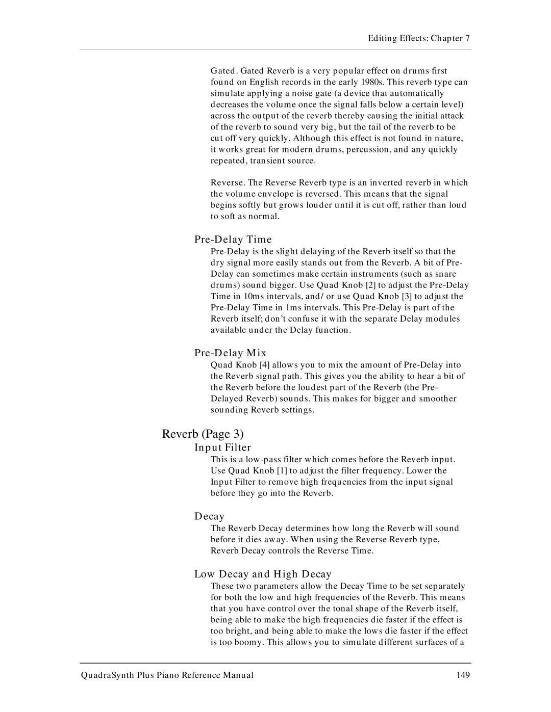 Alesis QuadraSynth Plus manual Pre-Delay Time, Pre-Delay Mix, Input Filter, Low Decay and High Decay 