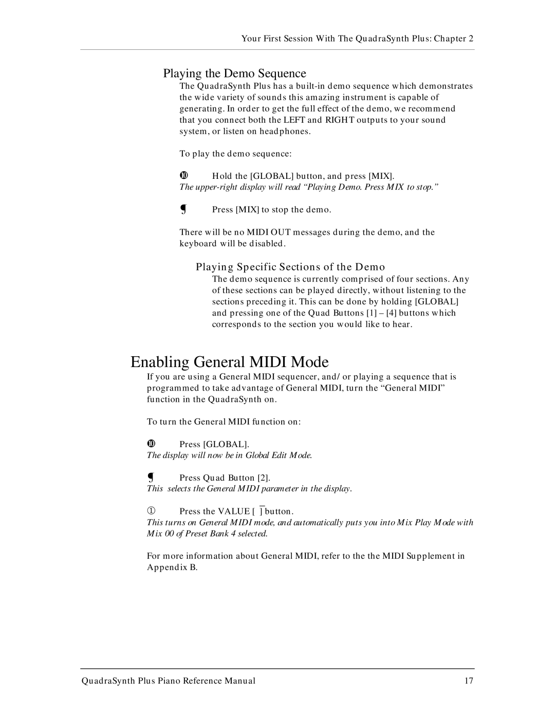 Alesis QuadraSynth Plus manual Enabling General Midi Mode, Playing the Demo Sequence, Playing Specific Sections of the Demo 