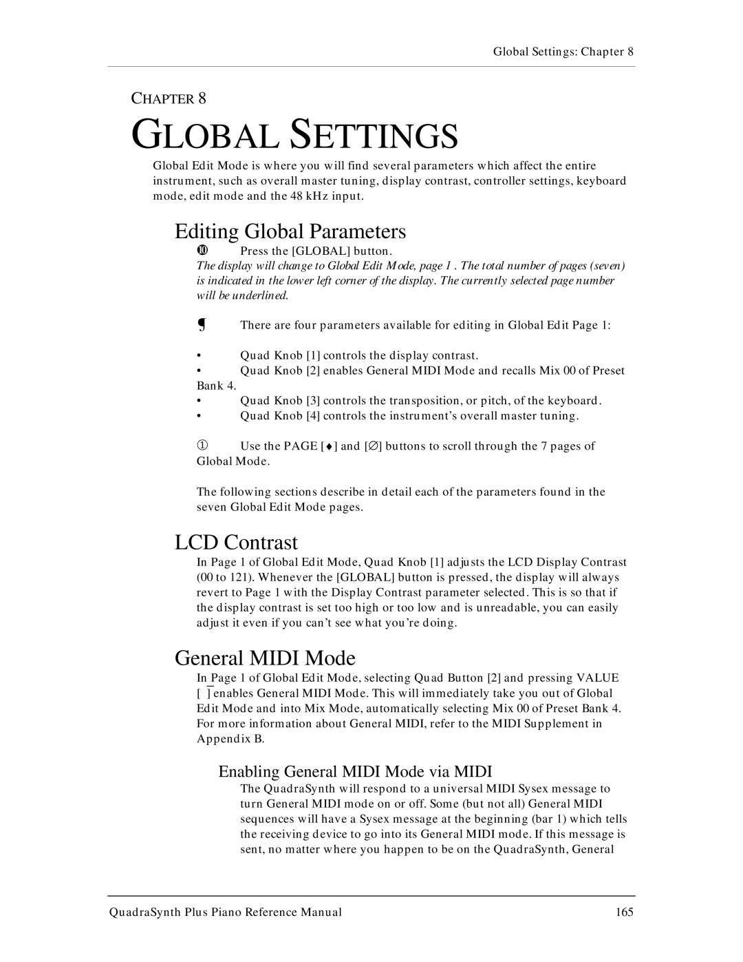 Alesis QuadraSynth Plus manual Global Settings, Editing Global Parameters, LCD Contrast, General Midi Mode 