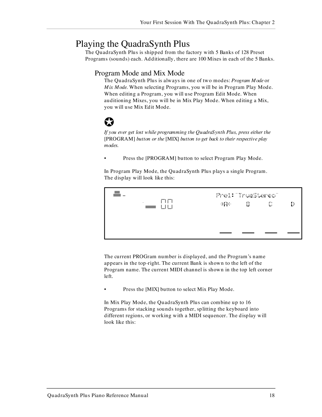 Alesis manual Playing the QuadraSynth Plus, Program Mode and Mix Mode 