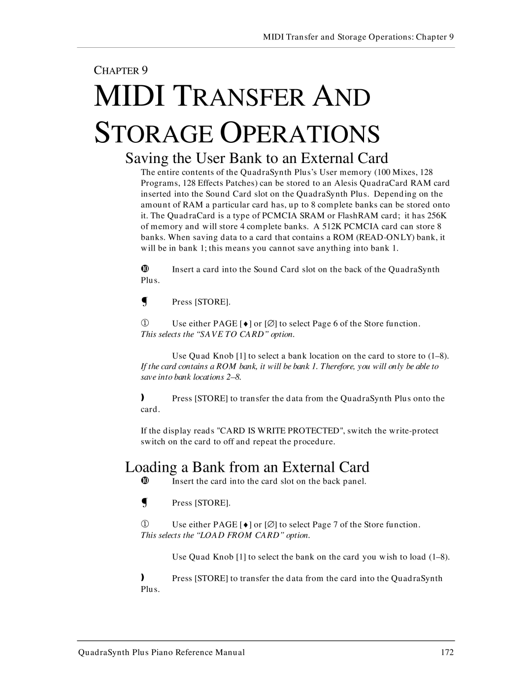 Alesis QuadraSynth Plus manual Midi Transfer and Storage Operations, Saving the User Bank to an External Card 