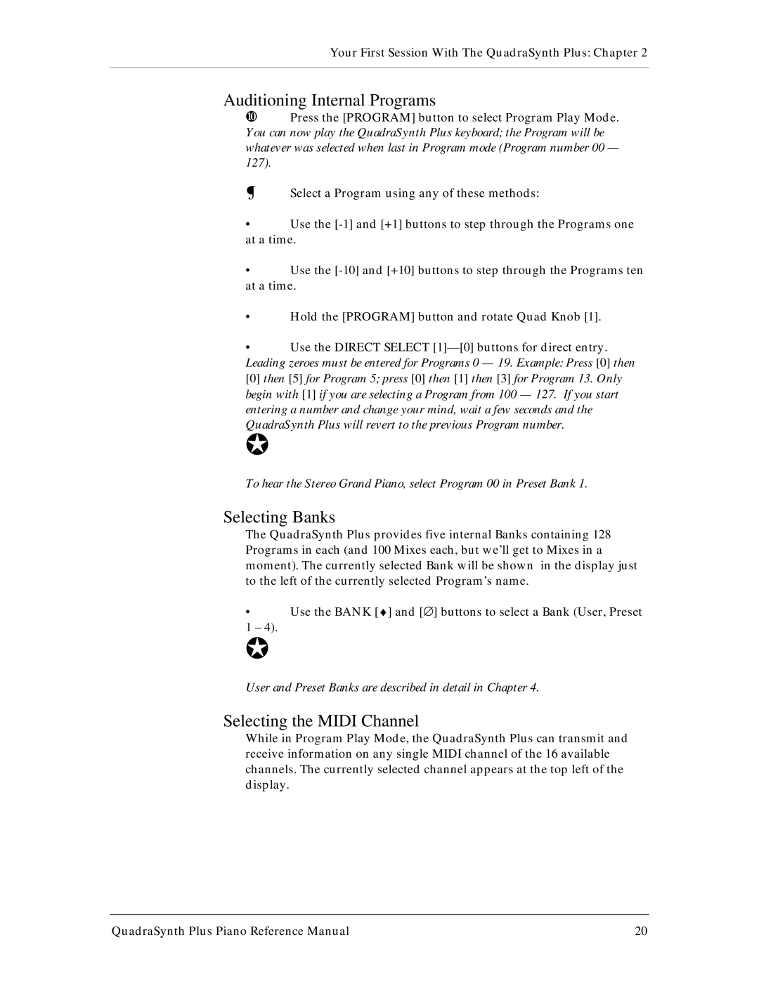 Alesis QuadraSynth Plus manual Auditioning Internal Programs, Selecting Banks, Selecting the Midi Channel 