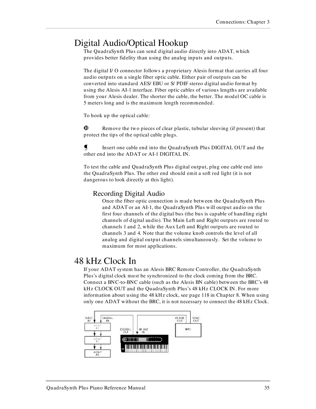 Alesis QuadraSynth Plus manual Digital Audio/Optical Hookup, KHz Clock, Recording Digital Audio 