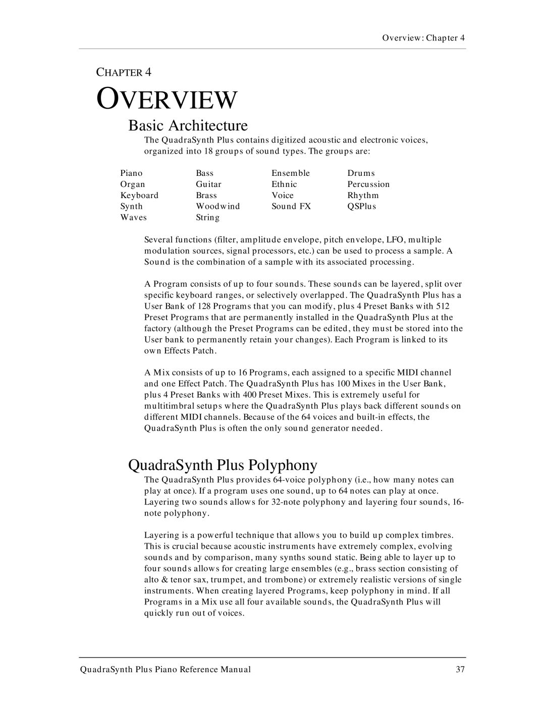 Alesis manual Overview, Basic Architecture, QuadraSynth Plus Polyphony 