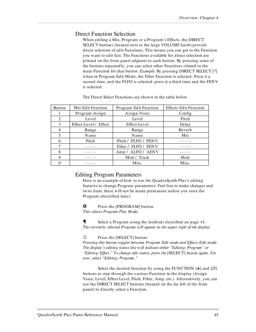Alesis QuadraSynth Plus manual Direct Function Selection, Editing Program Parameters 