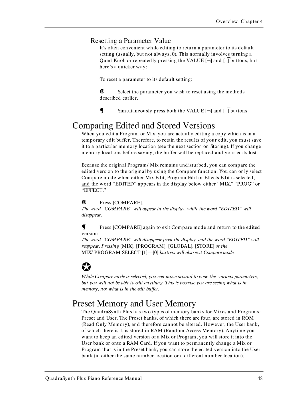 Alesis QuadraSynth Plus Comparing Edited and Stored Versions, Preset Memory and User Memory, Resetting a Parameter Value 