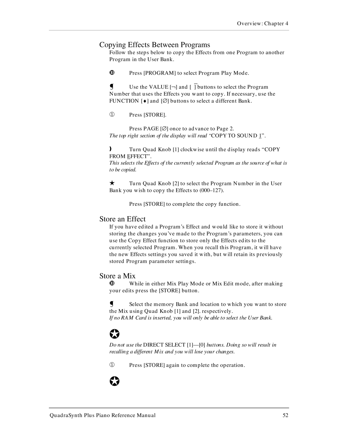 Alesis QuadraSynth Plus manual Copying Effects Between Programs, Store an Effect, Store a Mix 