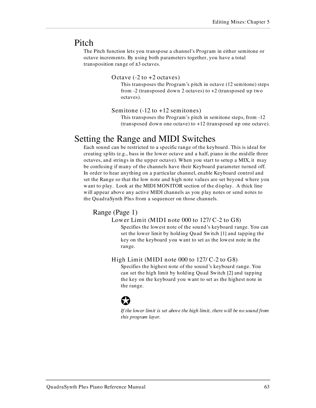 Alesis QuadraSynth Plus manual Pitch, Setting the Range and Midi Switches 