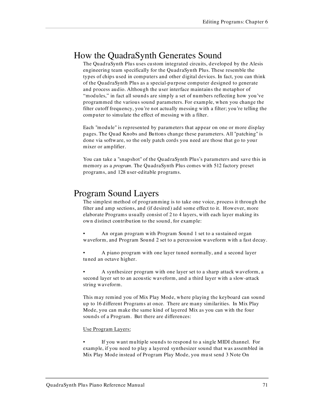 Alesis QuadraSynth Plus manual How the QuadraSynth Generates Sound, Program Sound Layers 