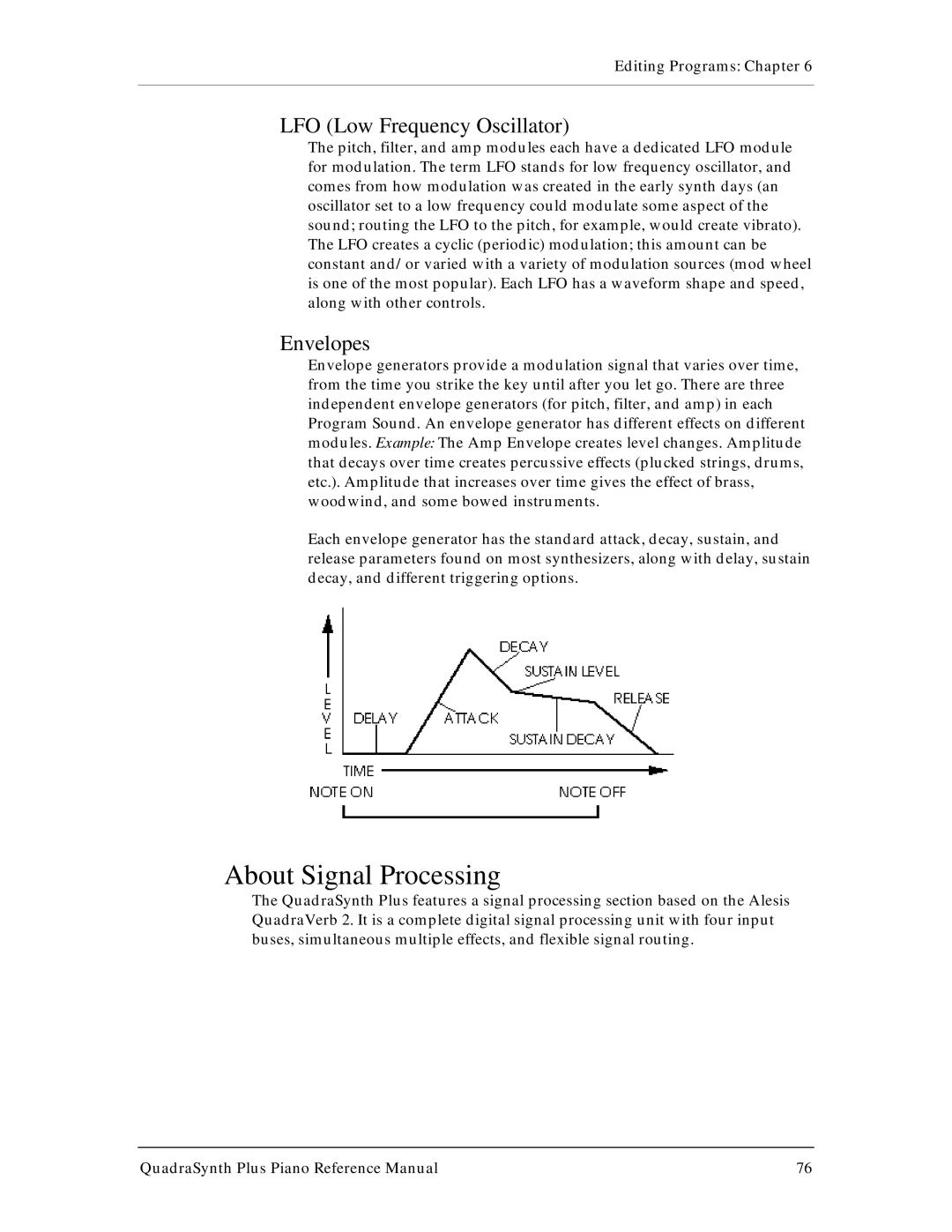 Alesis QuadraSynth Plus manual About Signal Processing, LFO Low Frequency Oscillator, Envelopes 