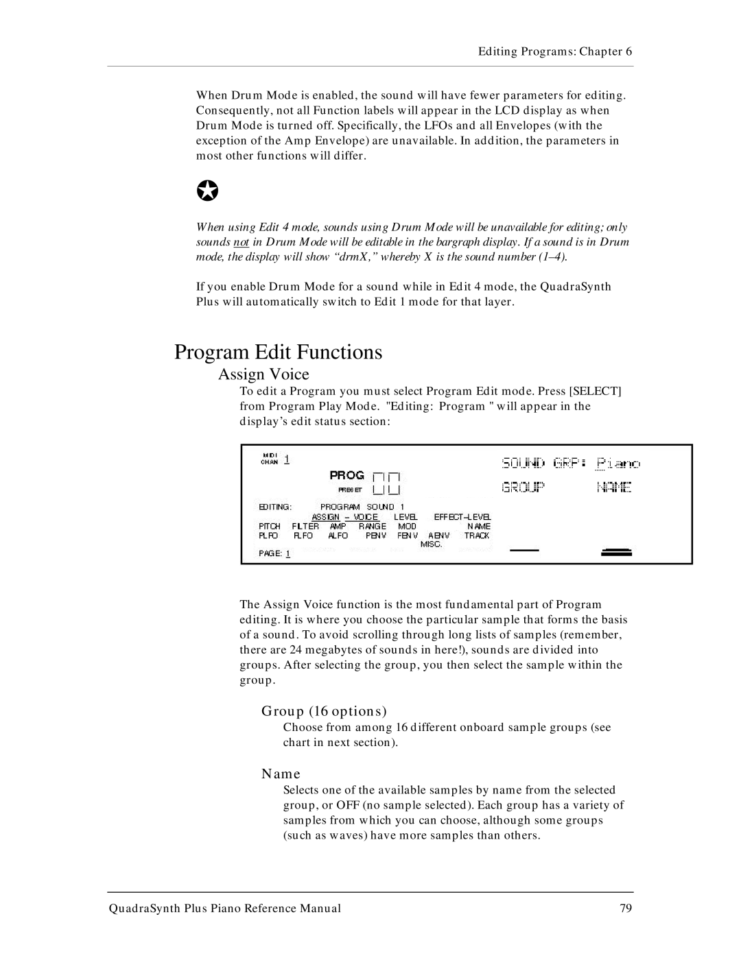 Alesis QuadraSynth Plus manual Program Edit Functions, Assign Voice, Group 16 options, Name 