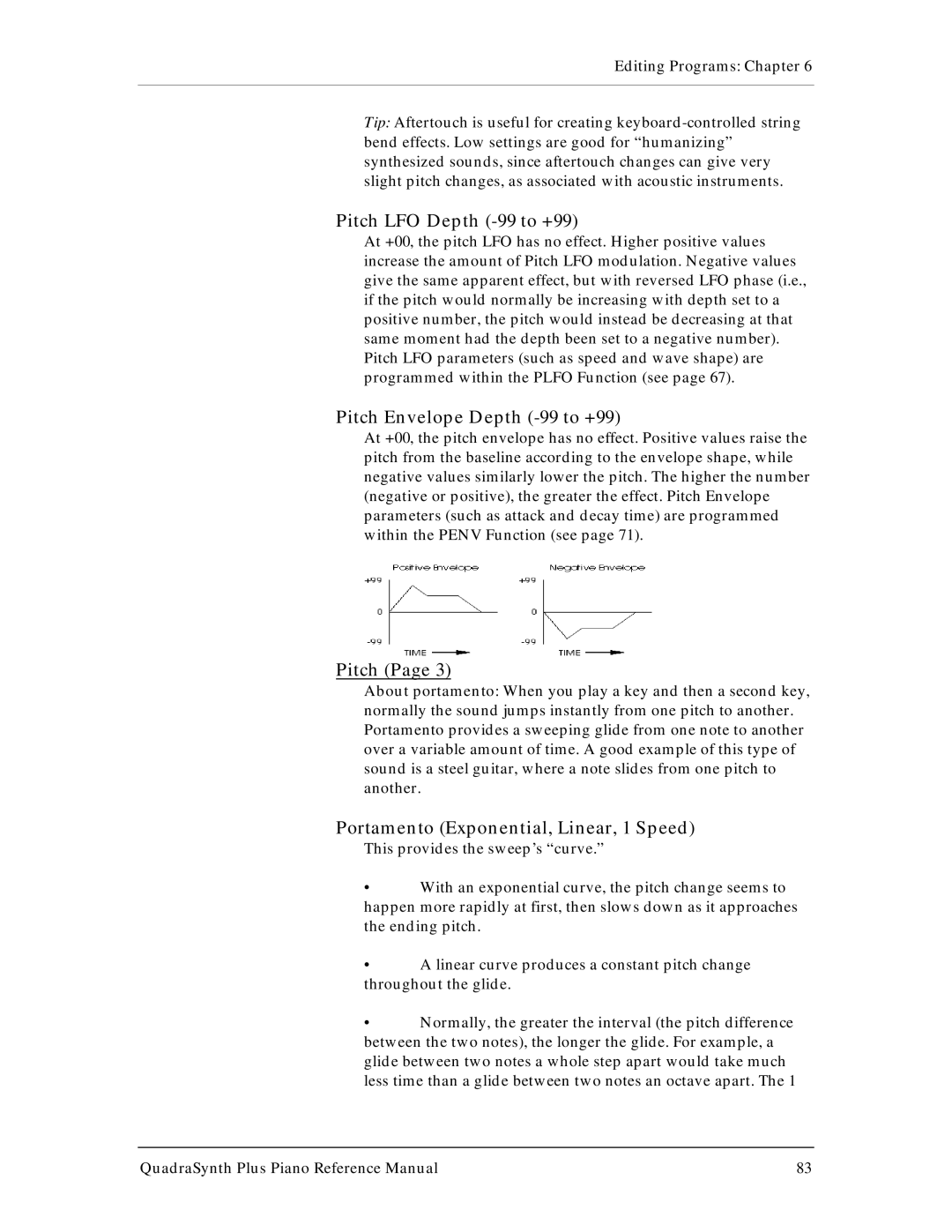 Alesis QuadraSynth Plus manual Pitch LFO Depth -99 to +99, Pitch Envelope Depth -99 to +99 