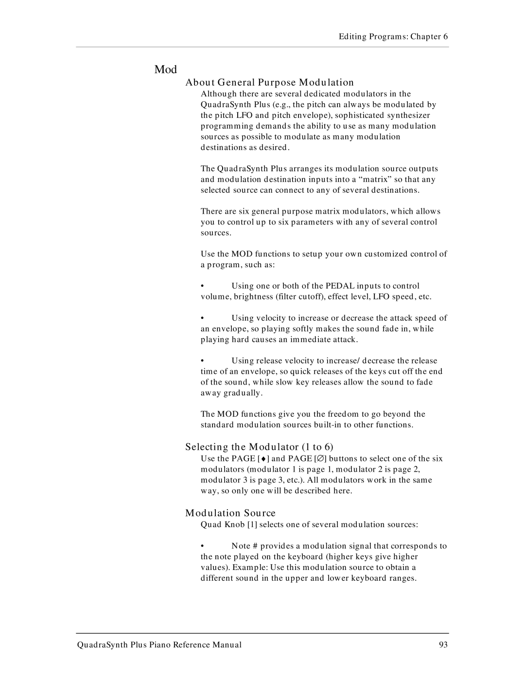 Alesis QuadraSynth Plus manual About General Purpose Modulation, Selecting the Modulator 1 to, Modulation Source 