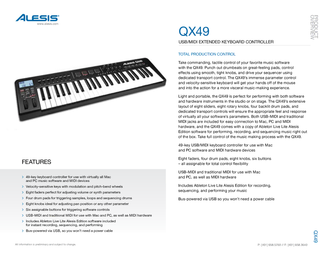 Alesis QX49 manual Features, USB/MIDI Extended Keyboard Controller, Total production control 