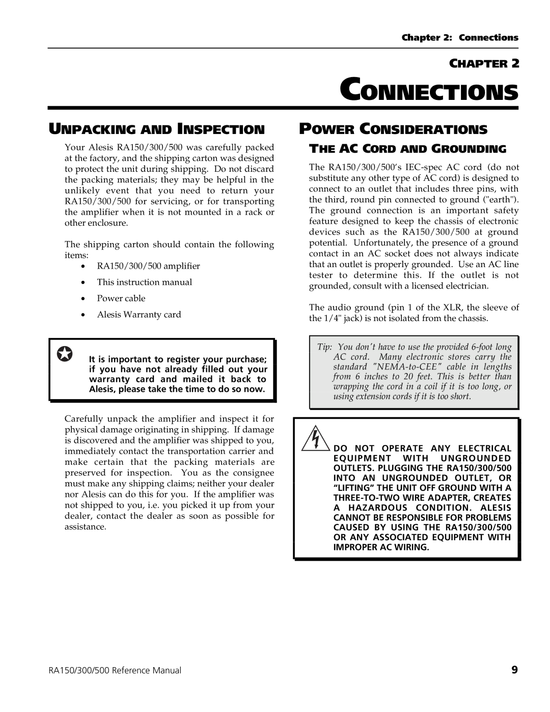 Alesis RA500, RA150, RA300 manual Connections, Power Considerations, AC Cord and Grounding 