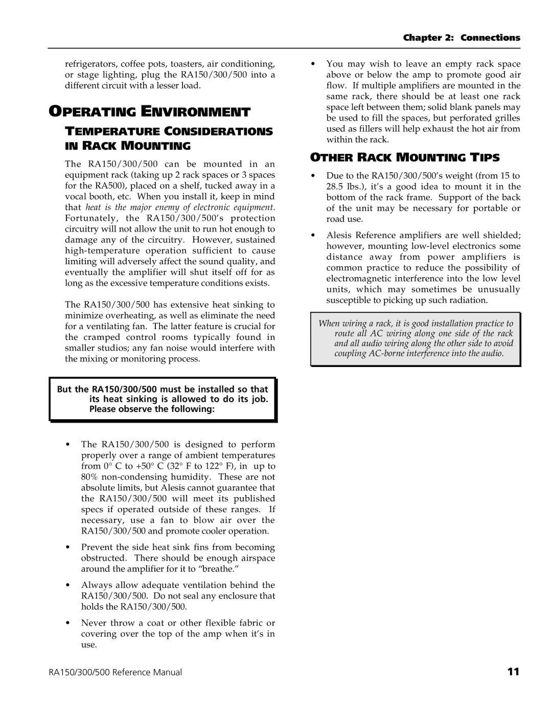 Alesis RA300, RA150, RA500 Operating Environment, Temperature Considerations in Rack Mounting, Other Rack Mounting Tips 