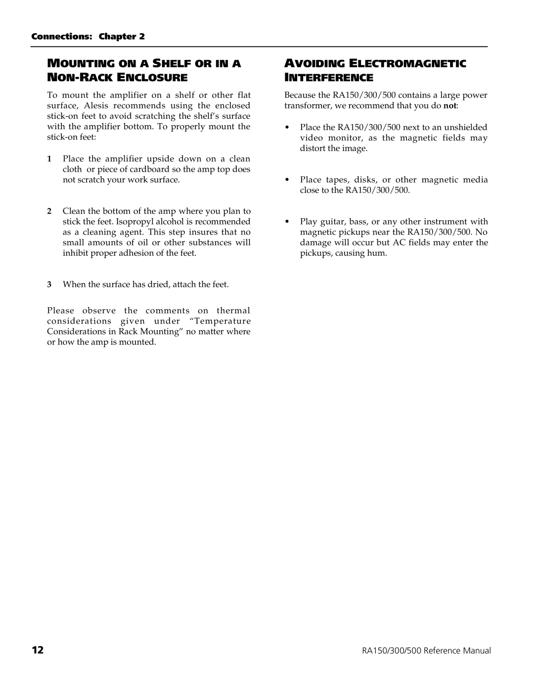 Alesis RA500, RA150, RA300 manual Mounting on a Shelf or in a NON-RACK Enclosure, Avoiding Electromagnetic Interference 