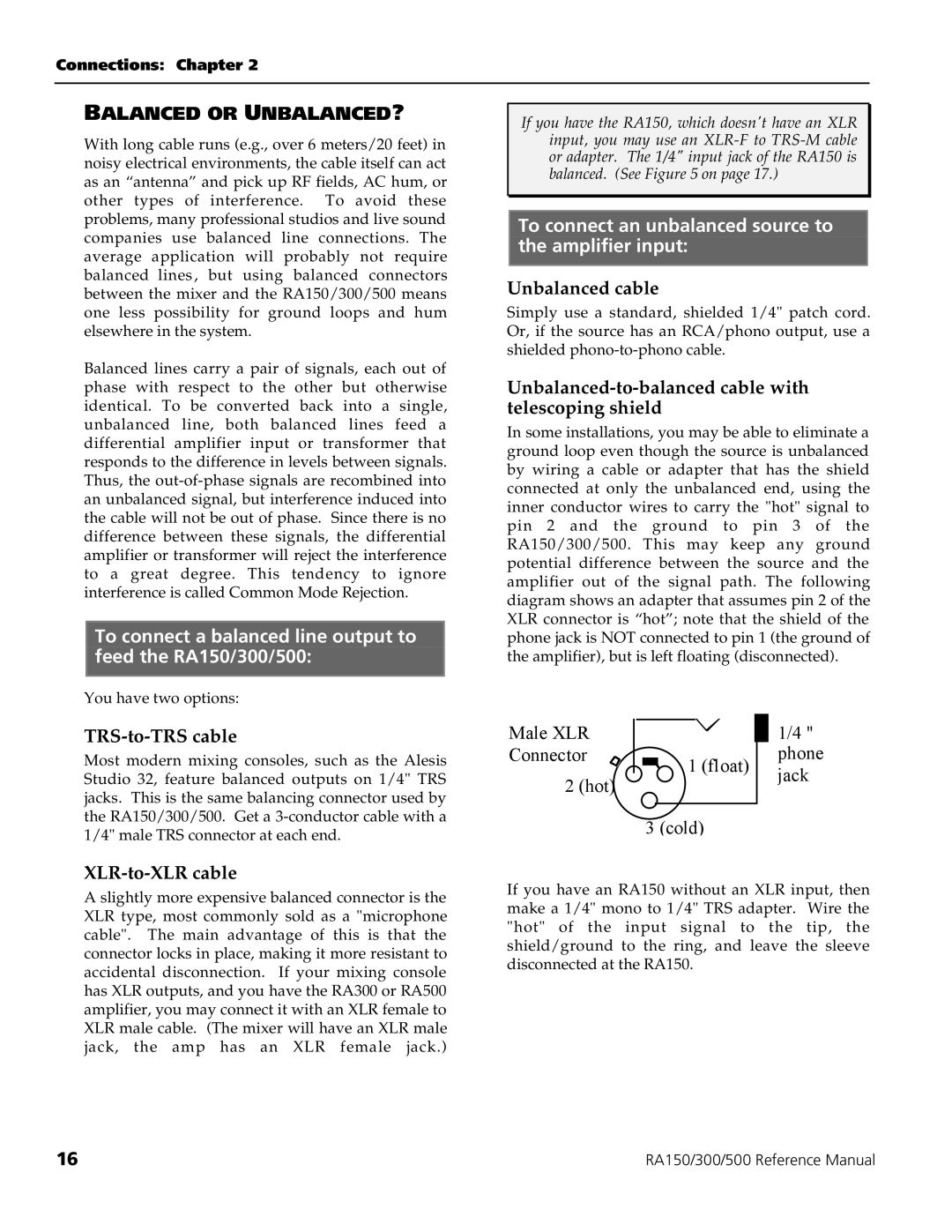 Alesis RA300, RA500 manual Balanced or UNBALANCED?, To connect a balanced line output to feed the RA150/300/500 