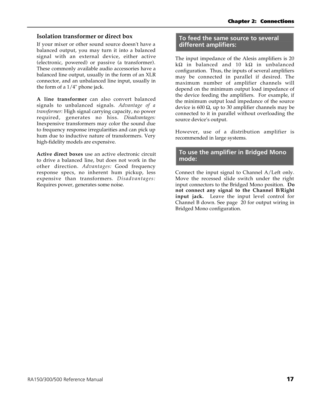 Alesis RA300, RA150 To feed the same source to several different amplifiers, To use the amplifier in Bridged Mono mode 