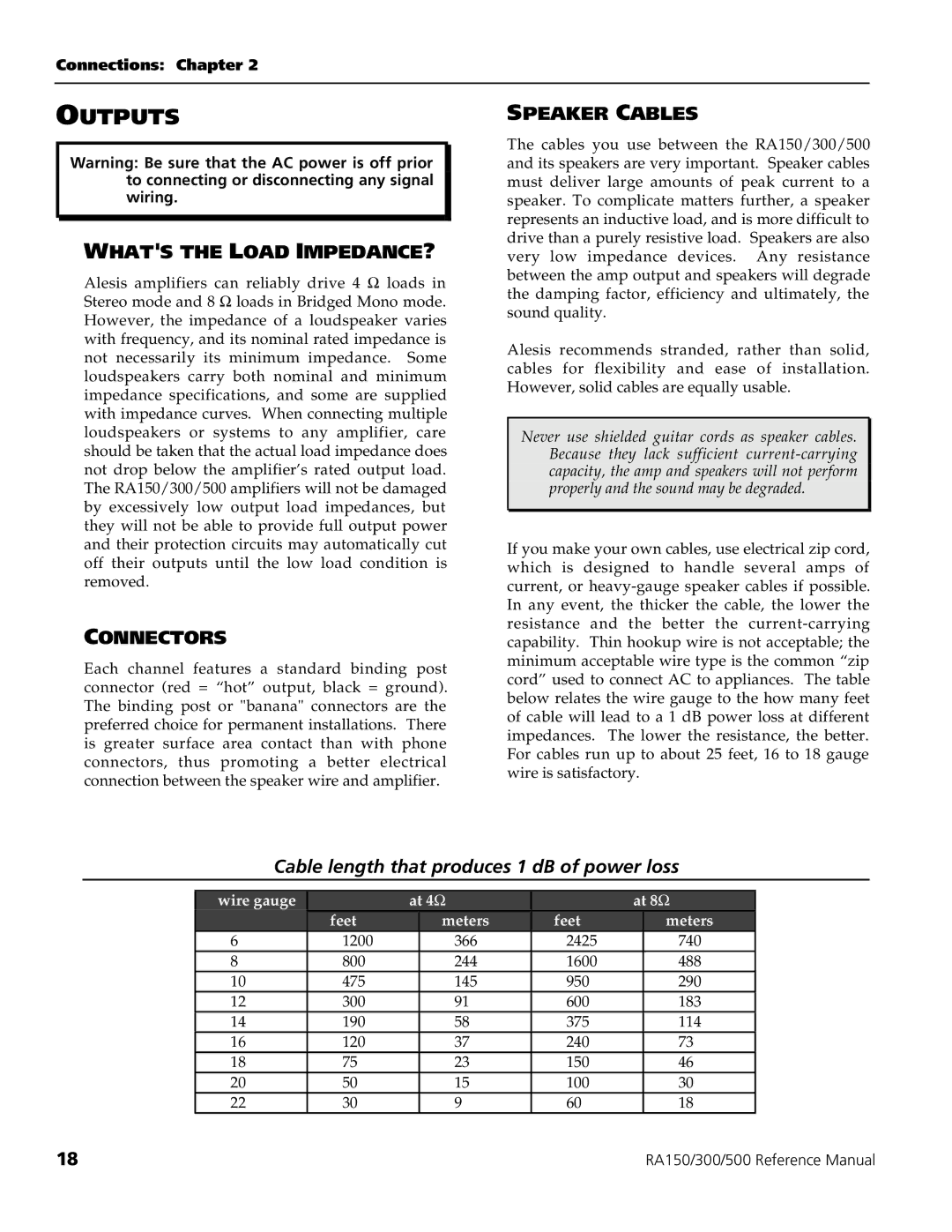 Alesis RA500, RA150, RA300 manual Outputs, Whats the Load IMPEDANCE?, Connectors, Speaker Cables 