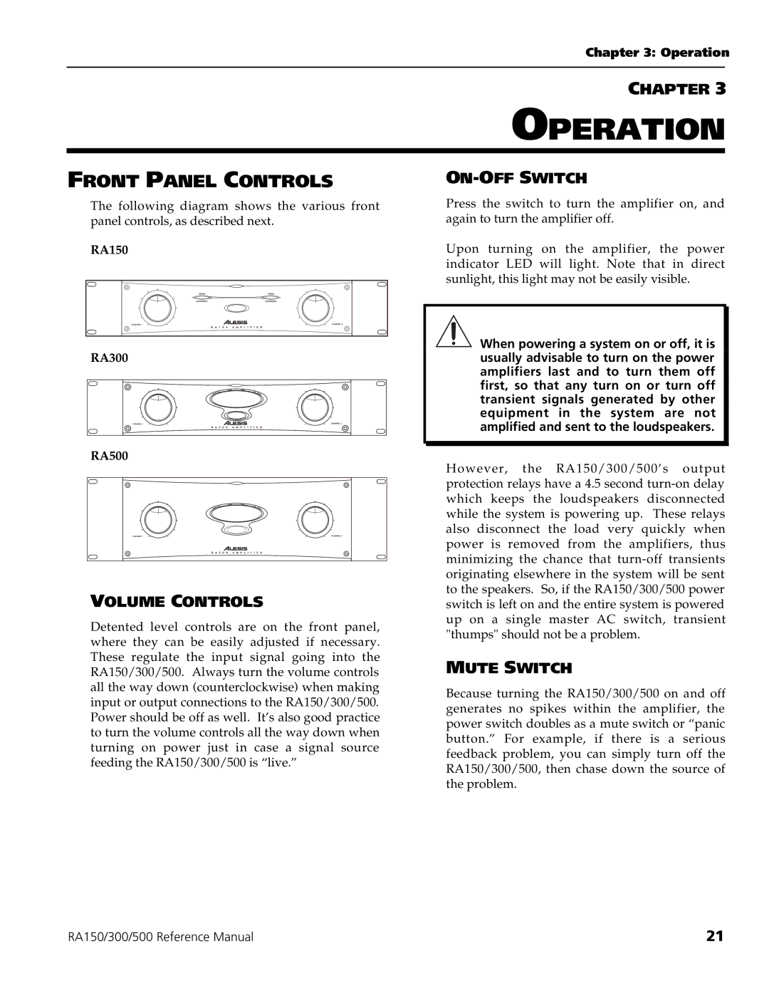 Alesis RA500, RA150, RA300 manual Operation, Front Panel Controls, ON-OFF Switch, Volume Controls, Mute Switch 