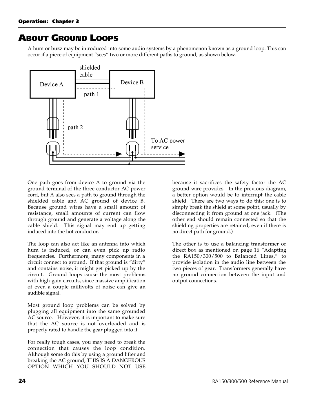 Alesis RA500, RA150, RA300 manual About Ground Loops, Device a Shielded cable Path Device B To AC power service 