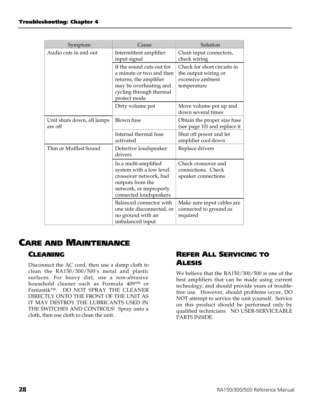 Alesis RA150, RA300, RA500 manual Care and Maintenance, Cleaning, Refer ALL Servicing to Alesis 