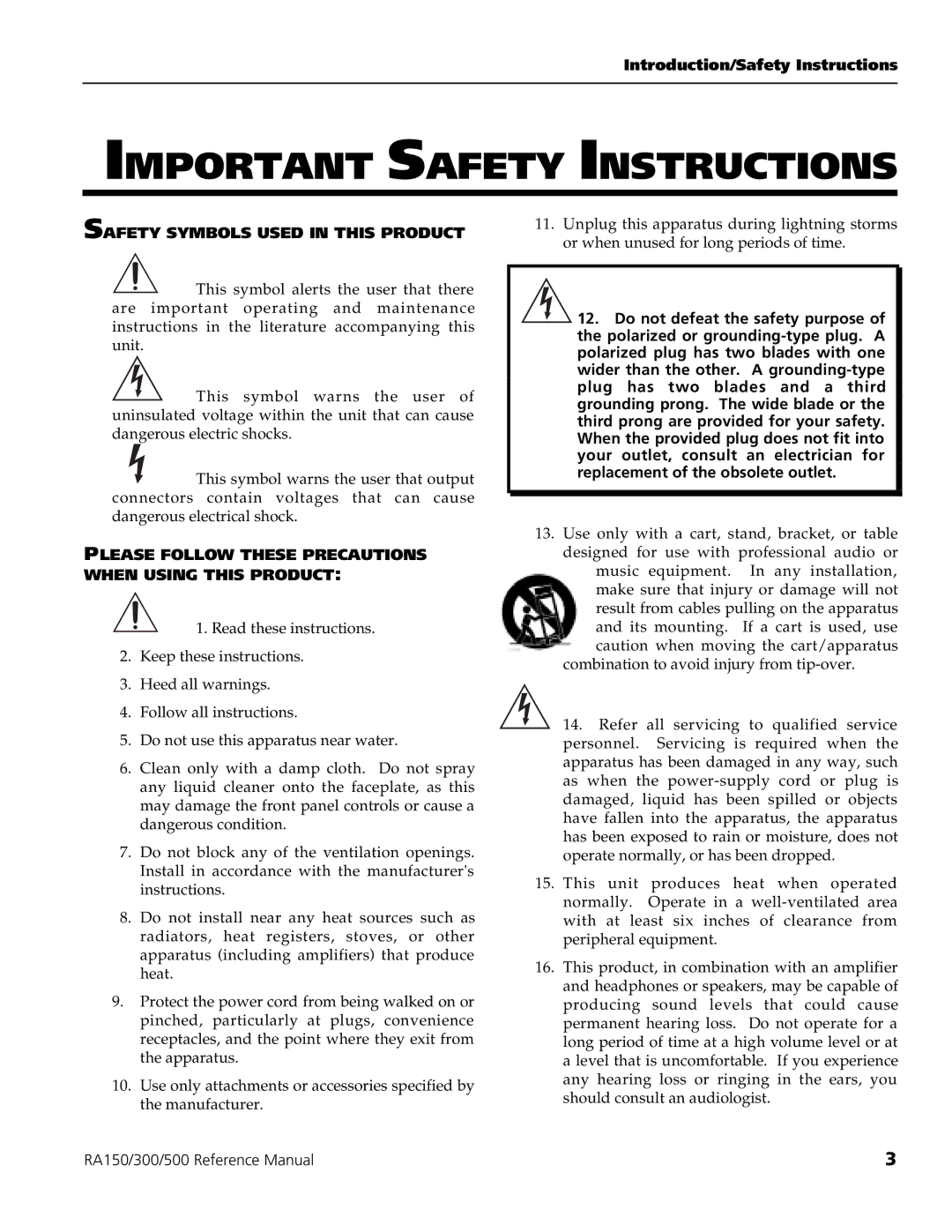 Alesis RA500, RA150, RA300 manual Important Safety Instructions, Safety Symbols Used in this Product 