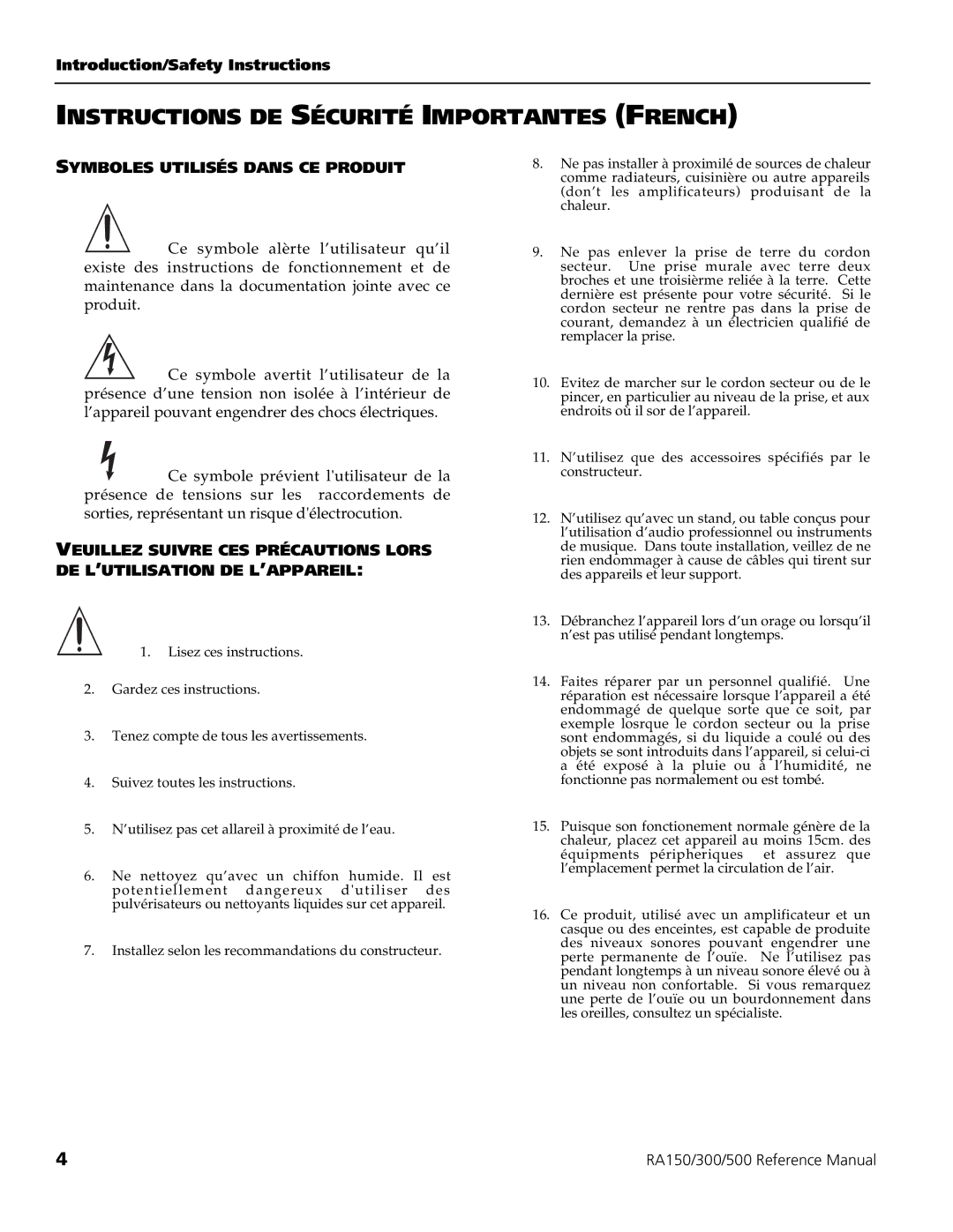 Alesis RA150, RA300, RA500 manual Instructions DE Sécurité Importantes French, Symboles Utilisés Dans CE Produit 