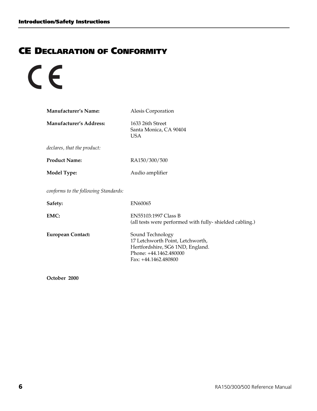 Alesis RA500, RA150, RA300 manual CE Declaration of Conformity, Emc 