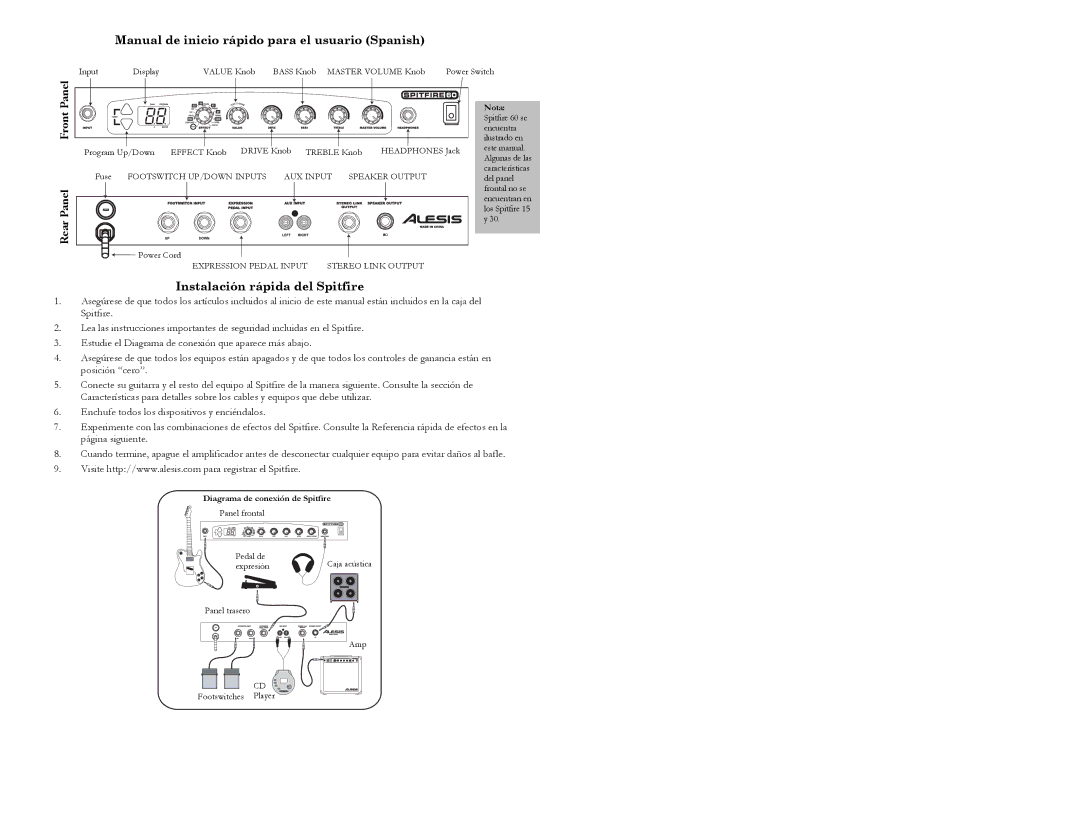 Alesis Spitfire 15 quick start Manual de inicio rápido para el usuario Spanish, Instalación rápida del Spitfire, Nota 