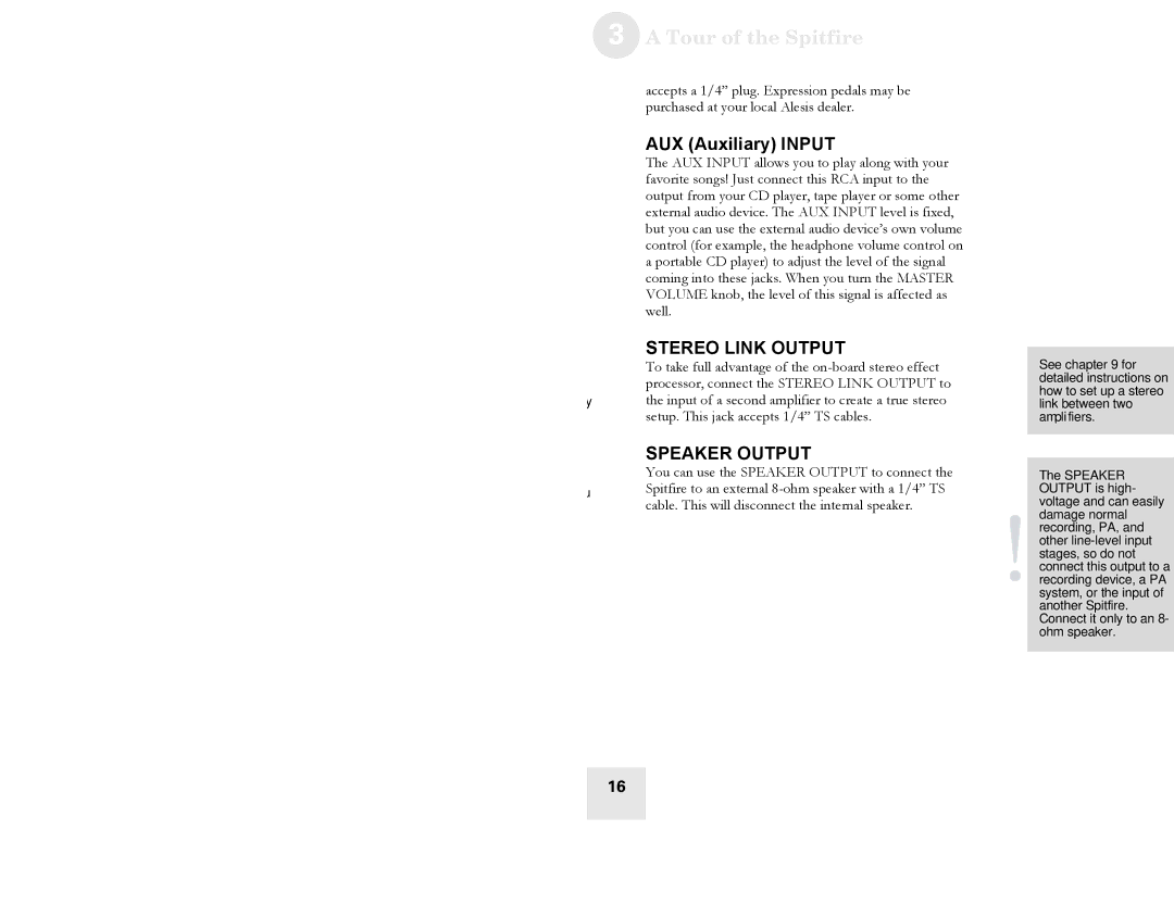 Alesis Spitfire 30, Spitfire 60 user manual AUX Auxiliary Input, Stereo Link Output 
