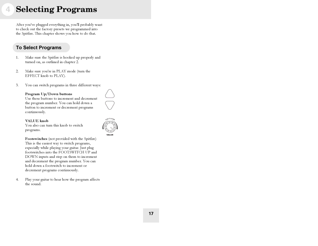 Alesis Spitfire 60, Spitfire 30 user manual Selecting Programs, To Select Programs, Program Up/Down buttons, Value knob 
