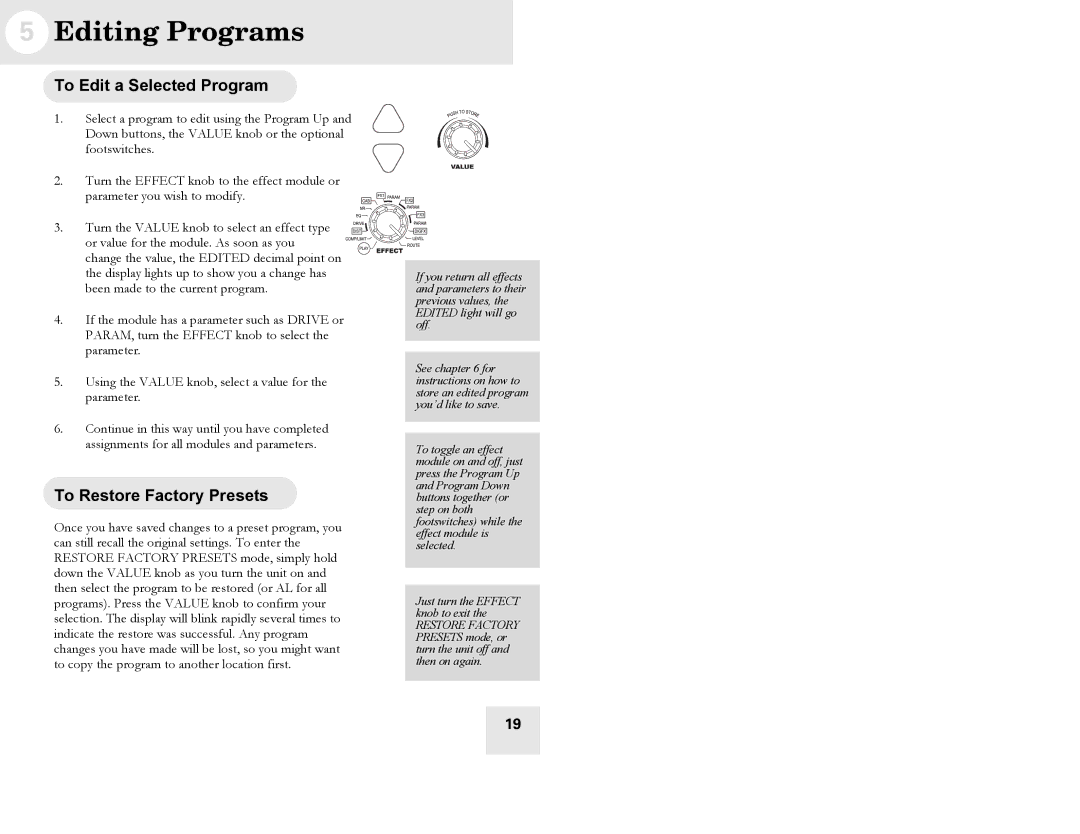 Alesis Spitfire 60, Spitfire 30 user manual Editing Programs, To Edit a Selected Program, To Restore Factory Presets 