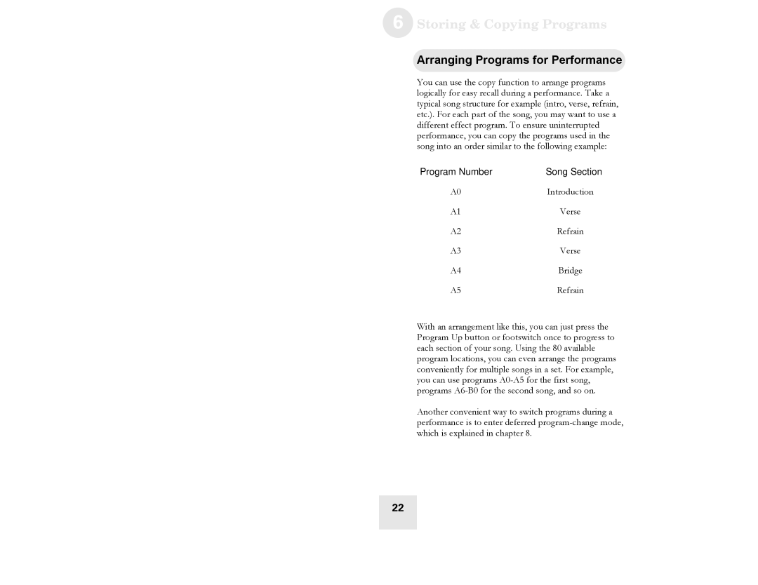Alesis Spitfire 30 user manual Storing & Copying Programs, Arranging Programs for Performance, Program Number Song Section 