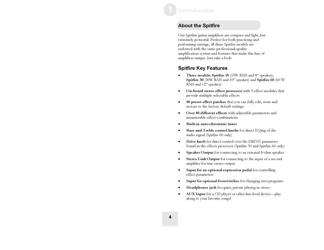 Alesis Spitfire 30, Spitfire 60 user manual Introduction, About the Spitfire, Spitfire Key Features 