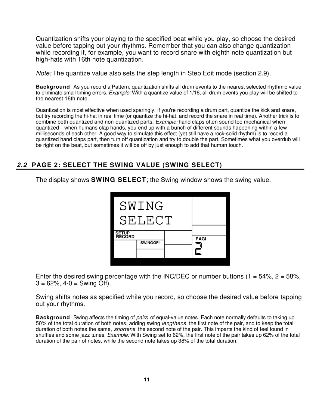 Alesis SR-16 manual Select the Swing Value Swing Select 