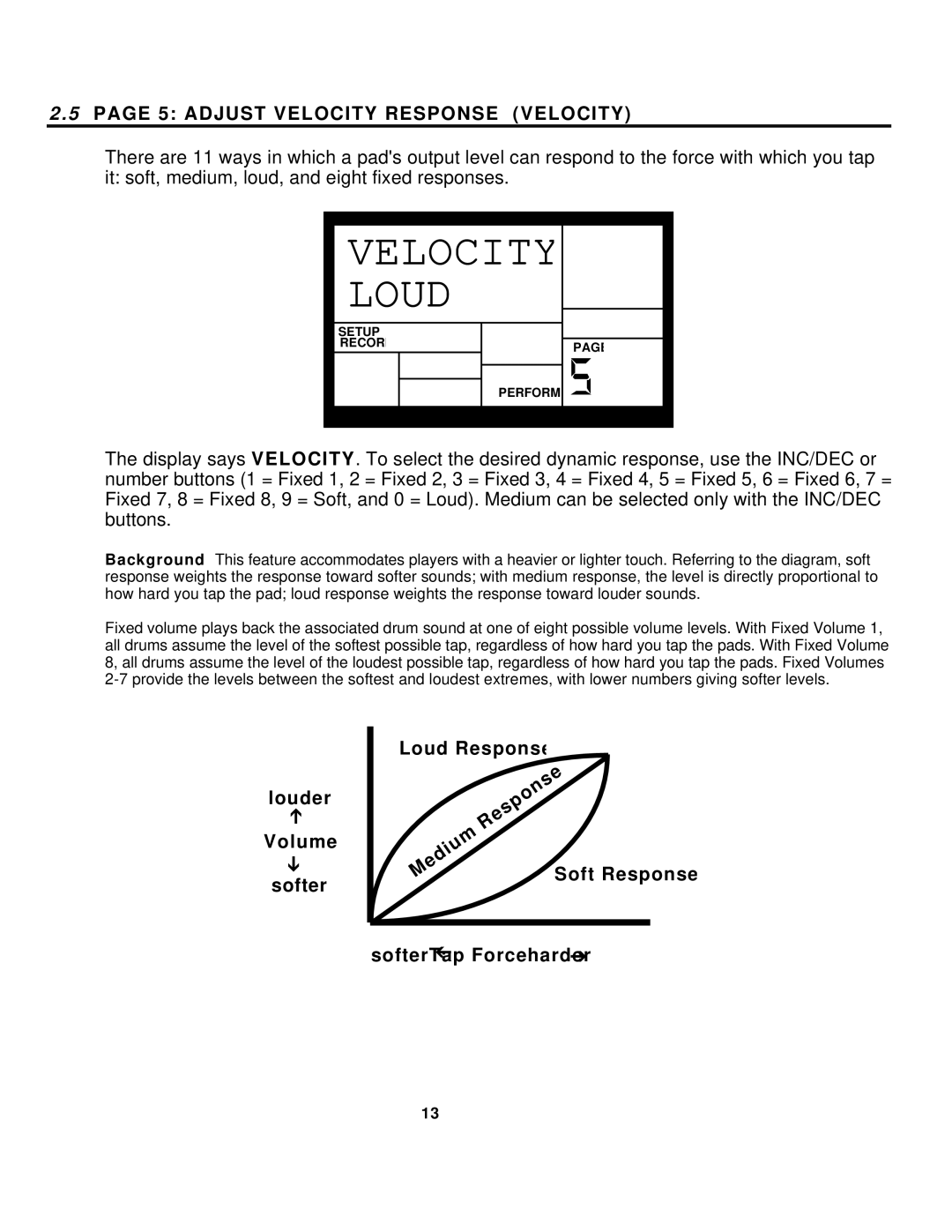 Alesis SR-16 manual Velocity Loud, Adjust Velocity Response Velocity 