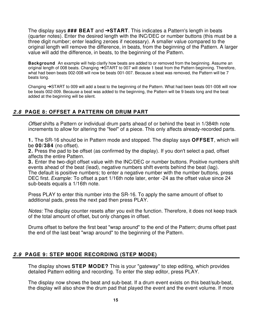 Alesis SR-16 manual Offset a Pattern or Drum Part, Step Mode Recording Step Mode 