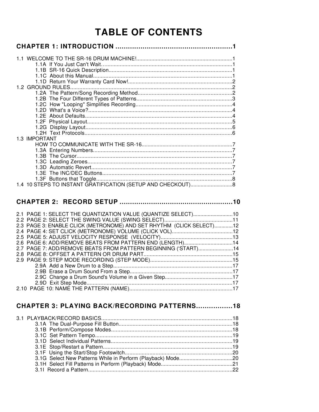 Alesis SR-16 manual Table of Contents 