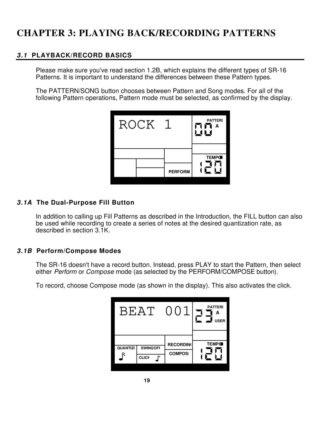 Alesis SR-16 manual Rock, Playing BACK/RECORDING Patterns, PLAYBACK/RECORD Basics, 1A The Dual-Purpose Fill Button 