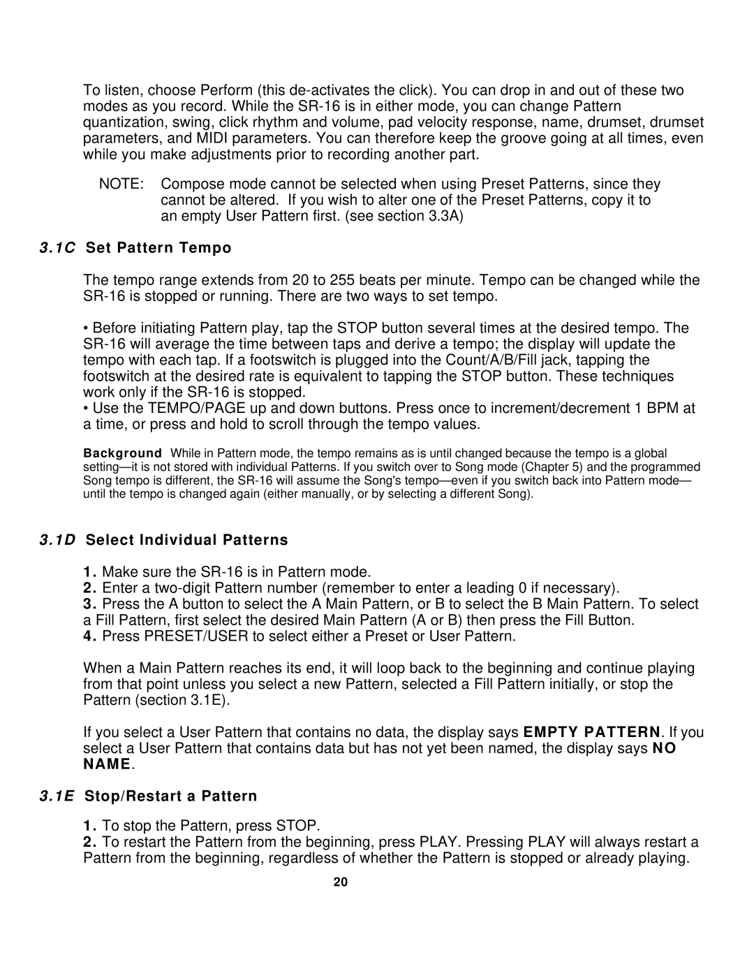 Alesis SR-16 manual Set Pattern Tempo, Select Individual Patterns, Stop/Restart a Pattern 